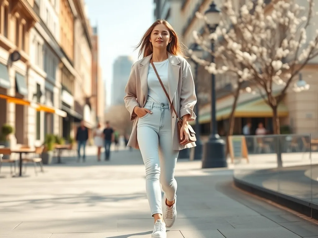 Młoda kobieta w pastelowej marynarce i jeansach spaceruje wiosenną miejską ulicą, prezentując codzienną, modną stylizację.