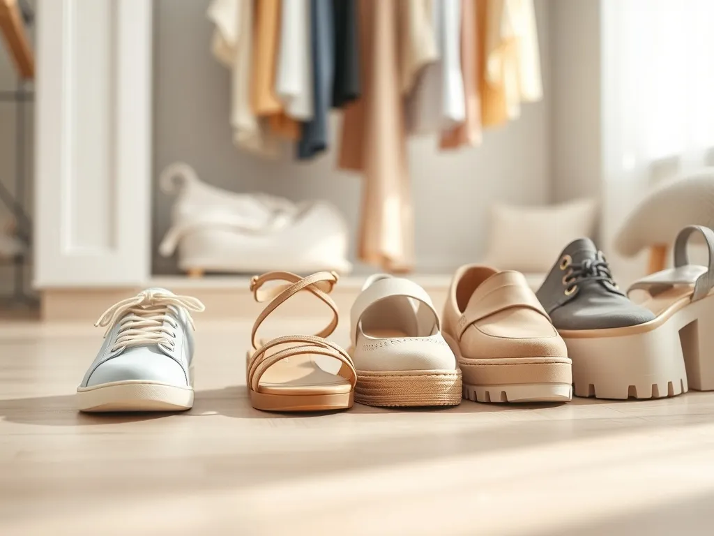 Rząd modnych damskich butów na wiosnę-lato 2026: pastelowe sneakersy, sandały, loafersy i masywne platformy