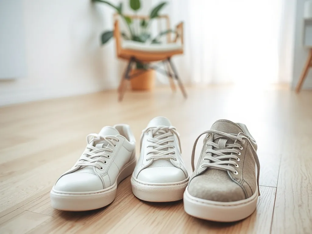 Trzy pary modnych damskich sneakersów w pastelowych barwach na jasnej podłodze, w tle minimalistyczne, przytulne wnętrze.