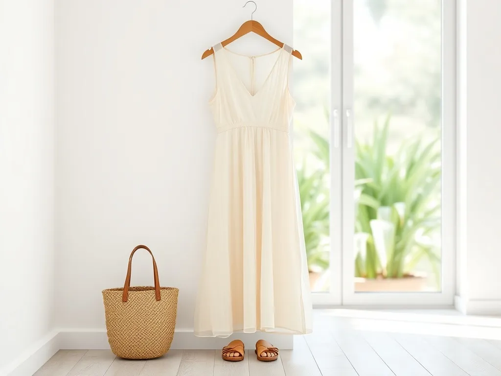 Jasna, zwiewna sukienka letnia na wieszaku z plecioną torebką i sandałkami, w minimalistycznym, słonecznym wnętrzu.
