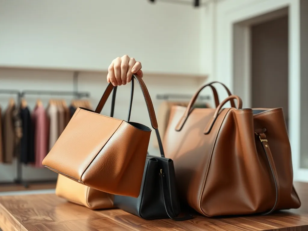 Kobieta wybiera modną skórzaną torebkę; na stole leżą różne fasony i kolory torebek w butikowym wnętrzu.