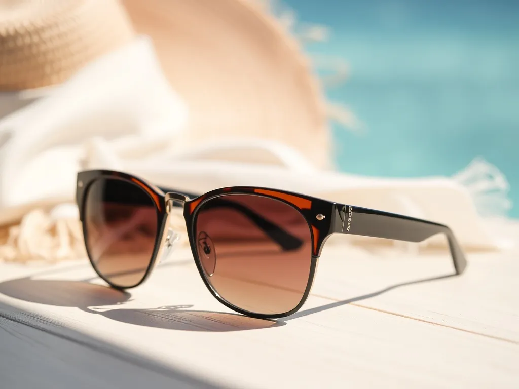 Eleganckie damskie okulary przeciwsłoneczne na drewnianym tle, w tle kapelusz i letnie dodatki w jasnej, wakacyjnej scenerii.