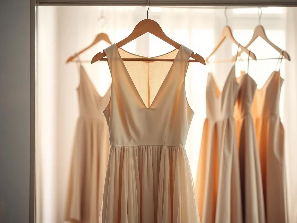 Elegancka, pastelowa sukienka na wieszaku, w tle kilka innych fasonów na wesele w jasnym, przytulnym wnętrzu.