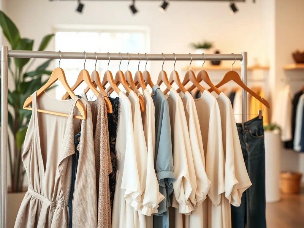 Wieszak z modnymi ubraniami plus size w stonowanych kolorach w przytulnym butiku, podkreślający wygodę i styl.