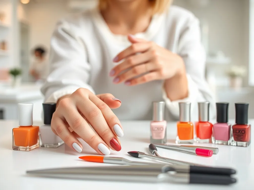 Dłonie z zadbanym manicure w modnych pastelowych i wyrazistych kolorach, otoczone lakierami i akcesoriami do paznokci.