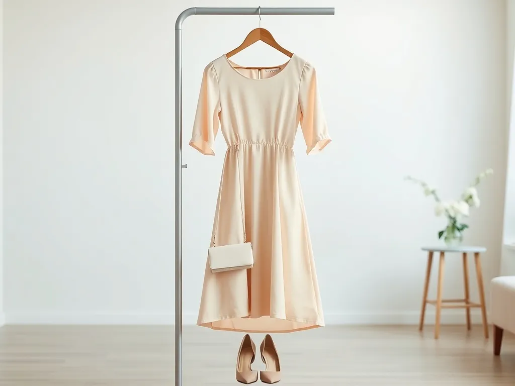 Elegancka pastelowa sukienka midi na komunię z delikatną torebką i nude szpilkami w jasnym, minimalistycznym wnętrzu.