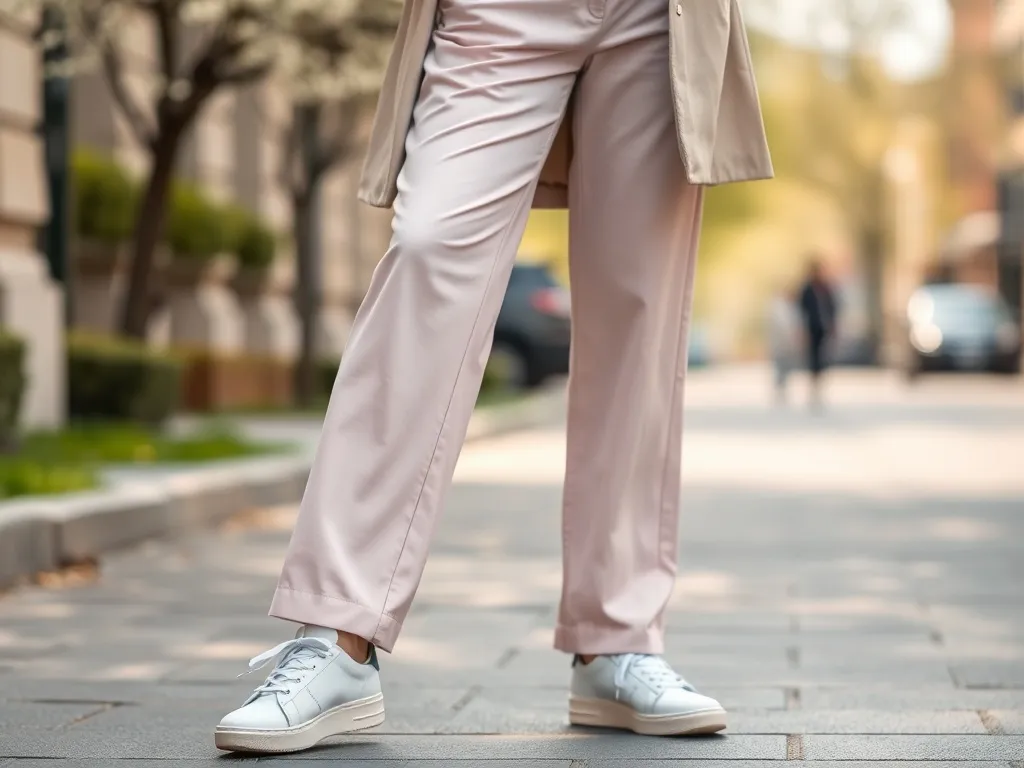 Stylizacja wiosenna: kobieta w pastelowych, wysokich spodniach z prostymi sneakersami na tle miejskiej ulicy.
