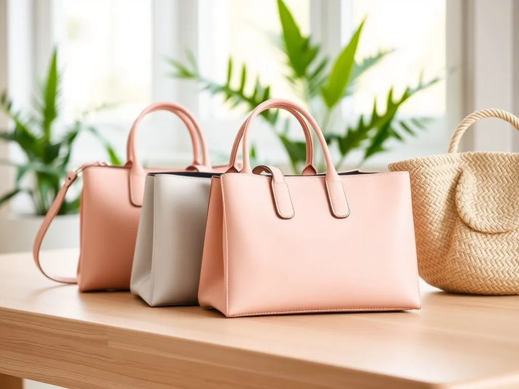 Eleganckie torebki w pastelowych kolorach na stole, prezentujące modne modele na sezon wiosna–lato.
