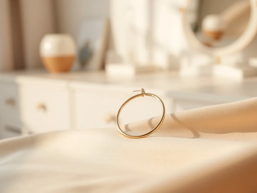 Zbliżenie eleganckich złotych kolczyków o minimalistycznych, geometrycznych kształtach na beżowej tkaninie w ciepłym świetle.