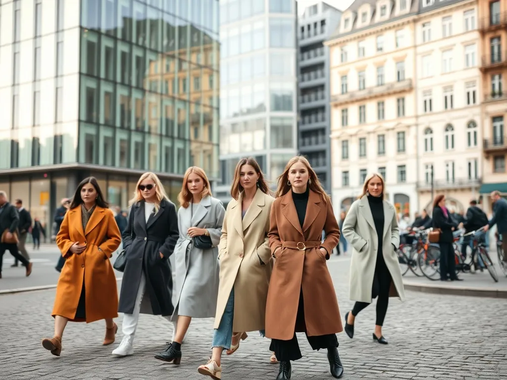 Stylowo ubrani uczestnicy tygodnia mody w Kopenhadze na brukowanej ulicy, w skandynawskich minimalistycznych stylizacjach.