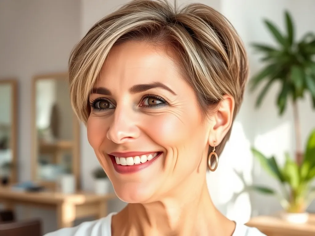 Uśmiechnięta dojrzała kobieta z odmładzającą krótką fryzurą, subtelnymi pasemkami i zdrowymi, lśniącymi włosami w jasnym salonie.