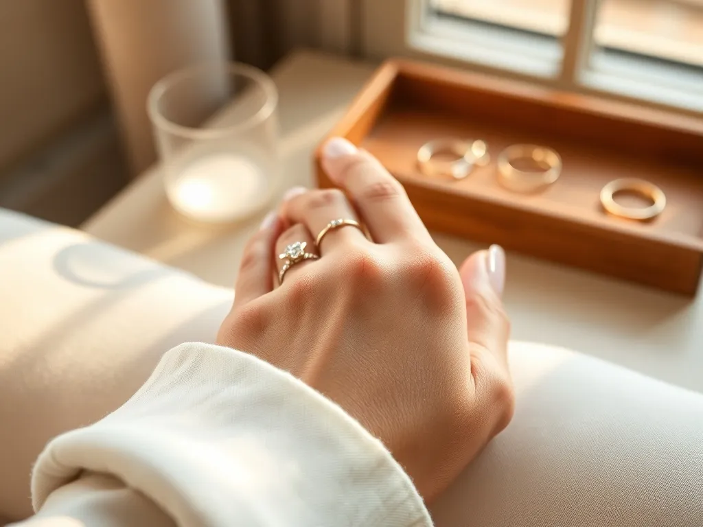 Dłoń z kilkoma minimalistycznymi, modnymi pierścionkami na tle jasnej tkaniny, w tle rozmyta tacka z biżuterią.