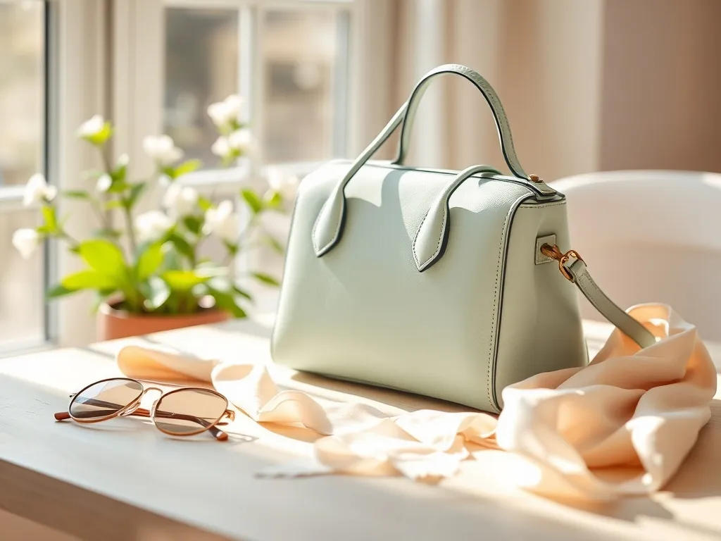 Pastelowa torebka na stole w wiosennym świetle, otoczona dodatkami, inspiruje do wyboru modnych, lekkich kolorów na sezon.