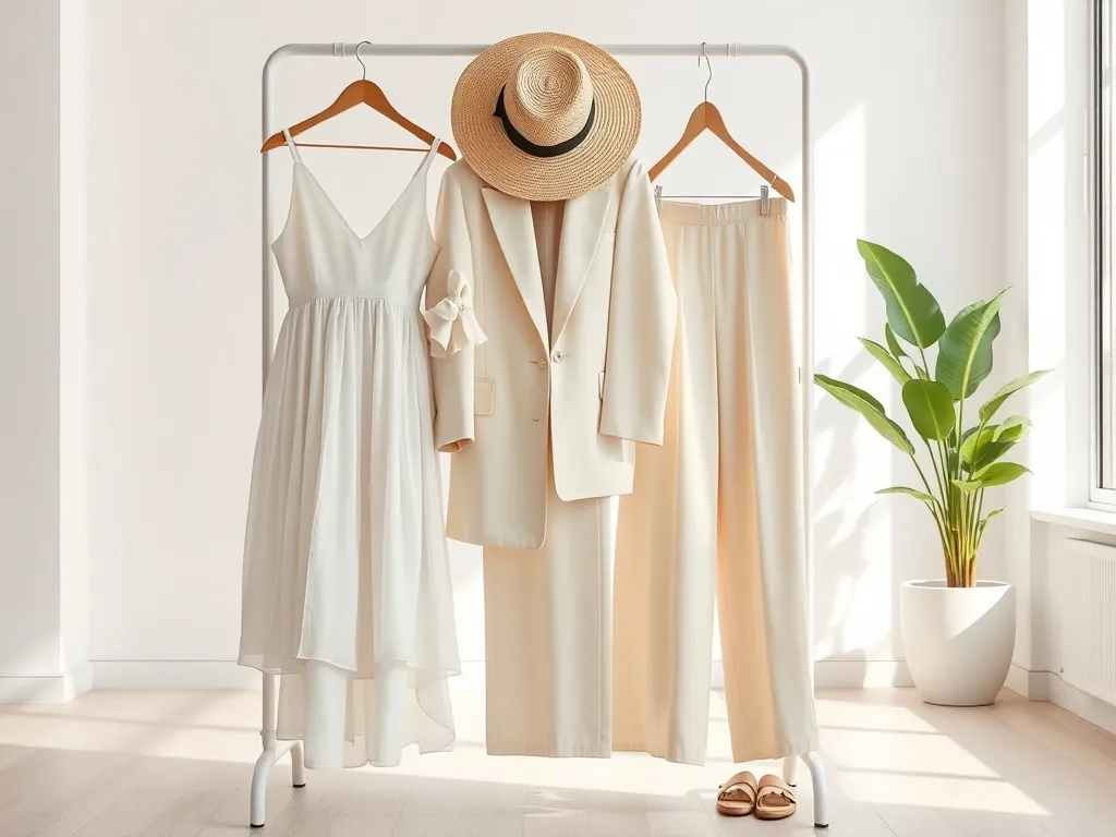 Minimalistyczny wieszak z pastelowymi stylizacjami ss 2026 w jasnym, słonecznym wnętrzu o lekkim, modnym charakterze.