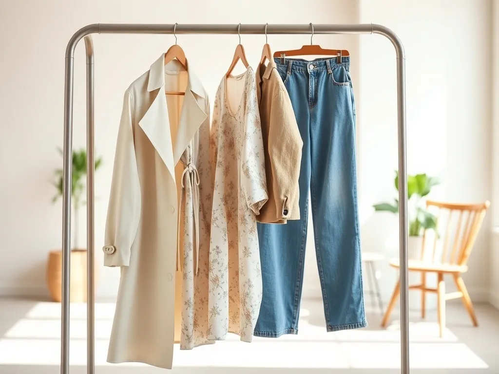 Jasna, minimalistyczna szafa z pastelowymi wiosennymi stylizacjami, idealna jako inspiracja mody na Pinterest.