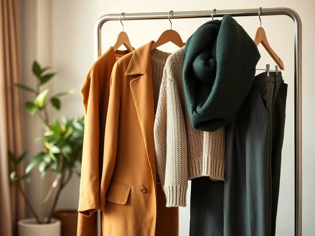 Minimalistyczny stojak z płaszczem, swetrem i szalem w ciepłych barwach jesień-zima na tle przytulnego wnętrza.