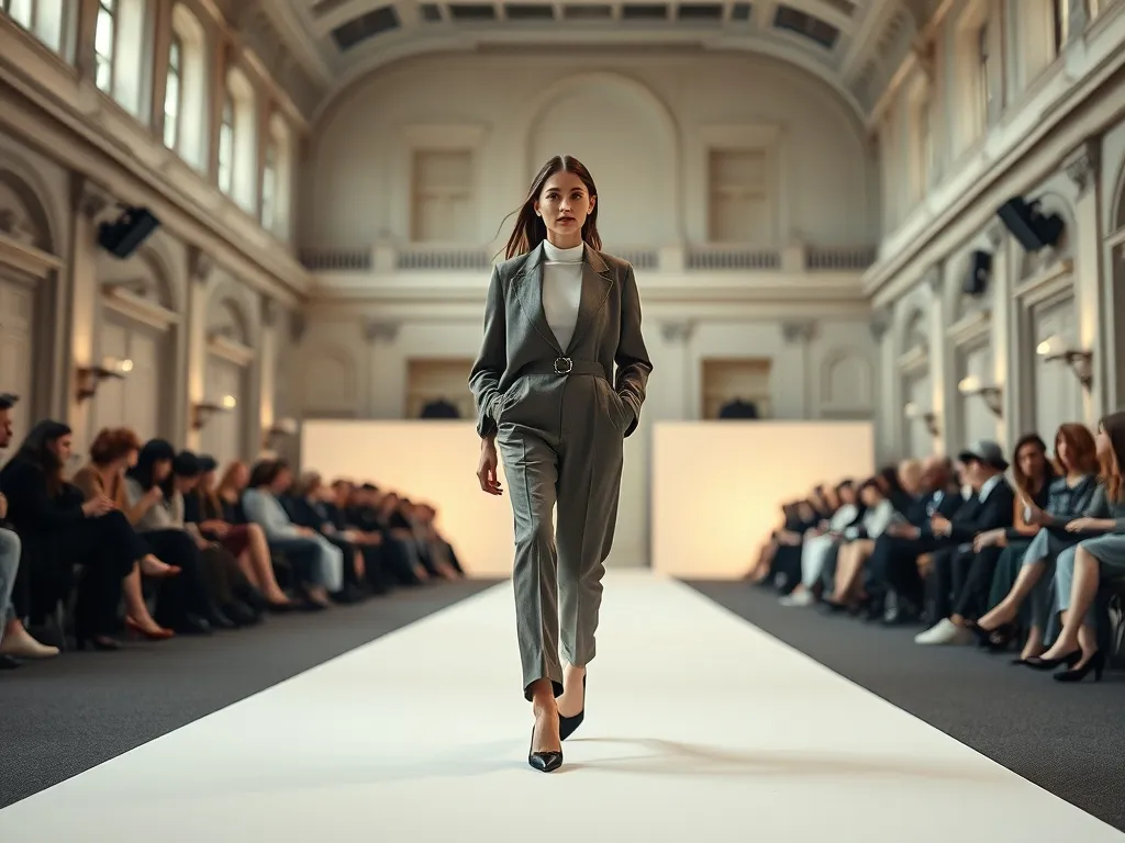 Modelka na wybiegu Tygodnia Mody w Paryżu, prezentująca minimalistyczną stylizację przed elegancką publicznością.