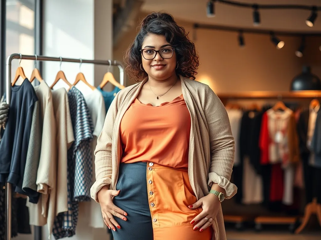 Pewna siebie kobieta plus size w kolorowej stylizacji na tle wieszaka z modnymi ubraniami w przytulnym butiku.