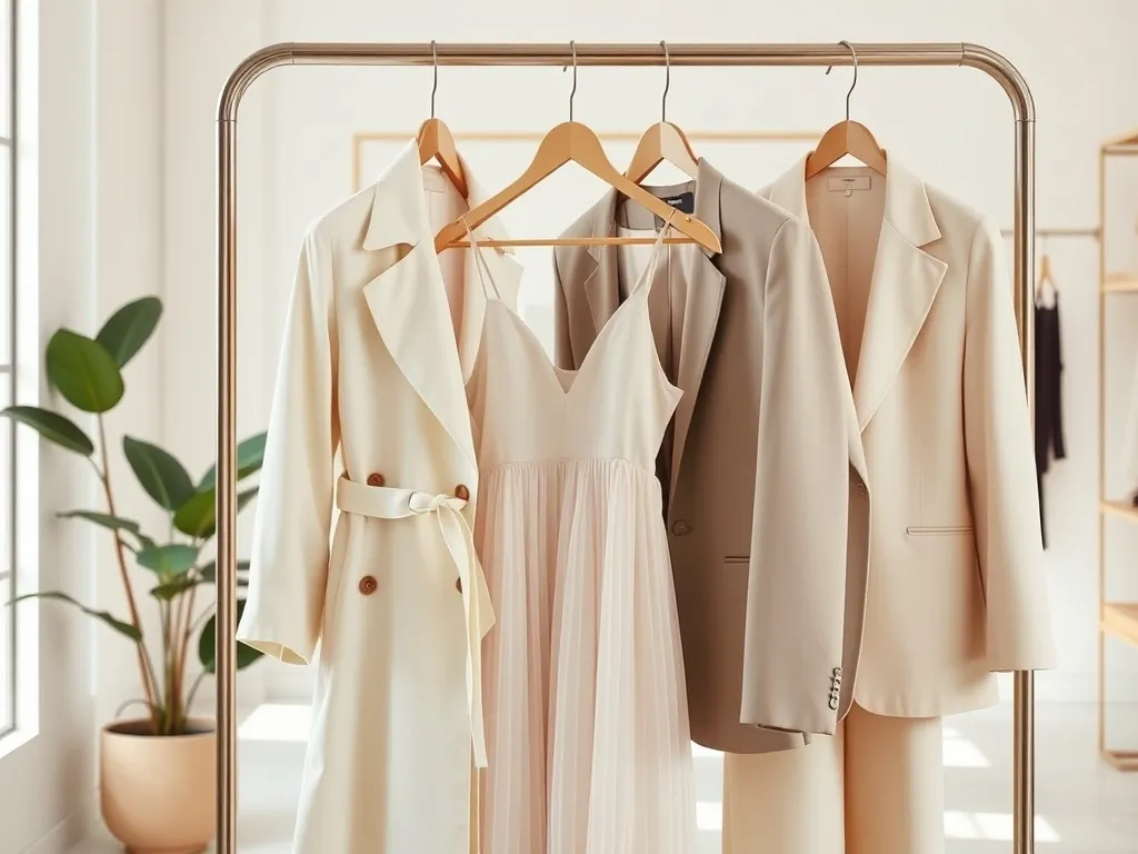 Minimalistyczne wiosenno-letnie stylizacje Prada na wieszaku w jasnym, luksusowym butiku w pastelowych i neutralnych barwach.