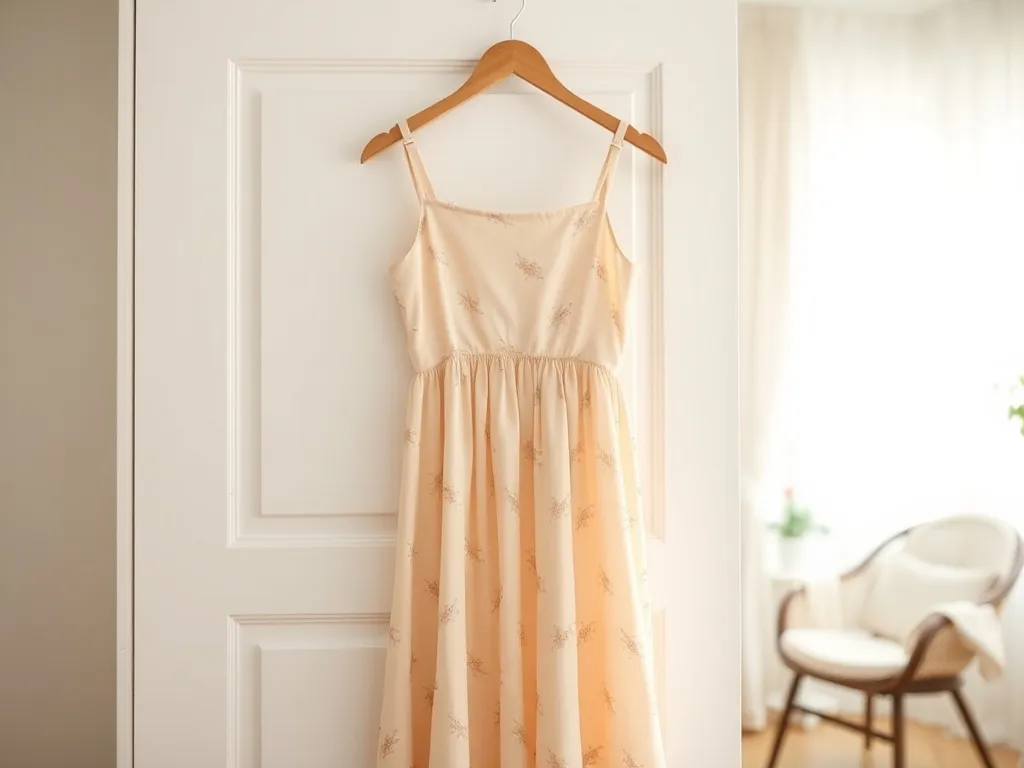 Zwiewna, pastelowa sukienka na wesele wisząca na drzwiach szafy w jasnej, przytulnej sypialni.