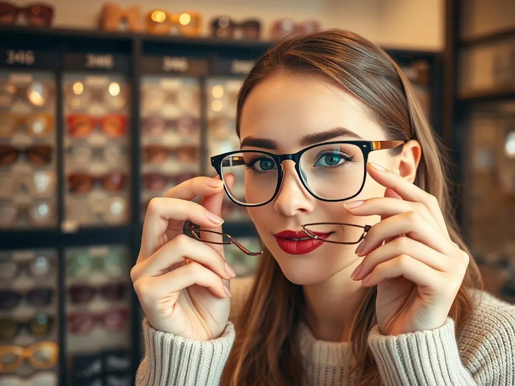Elegancka kobieta przymierza dwie pary modnych oprawek przed lustrem, wybierając okulary do kształtu twarzy.