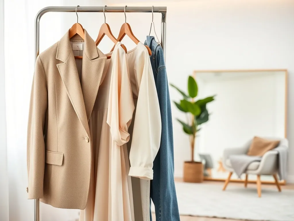 Minimalistyczny wieszak z neutralnymi stylizacjami w nowoczesnej, jasnej sypialni – inspiracja do modnych, codziennych looków.