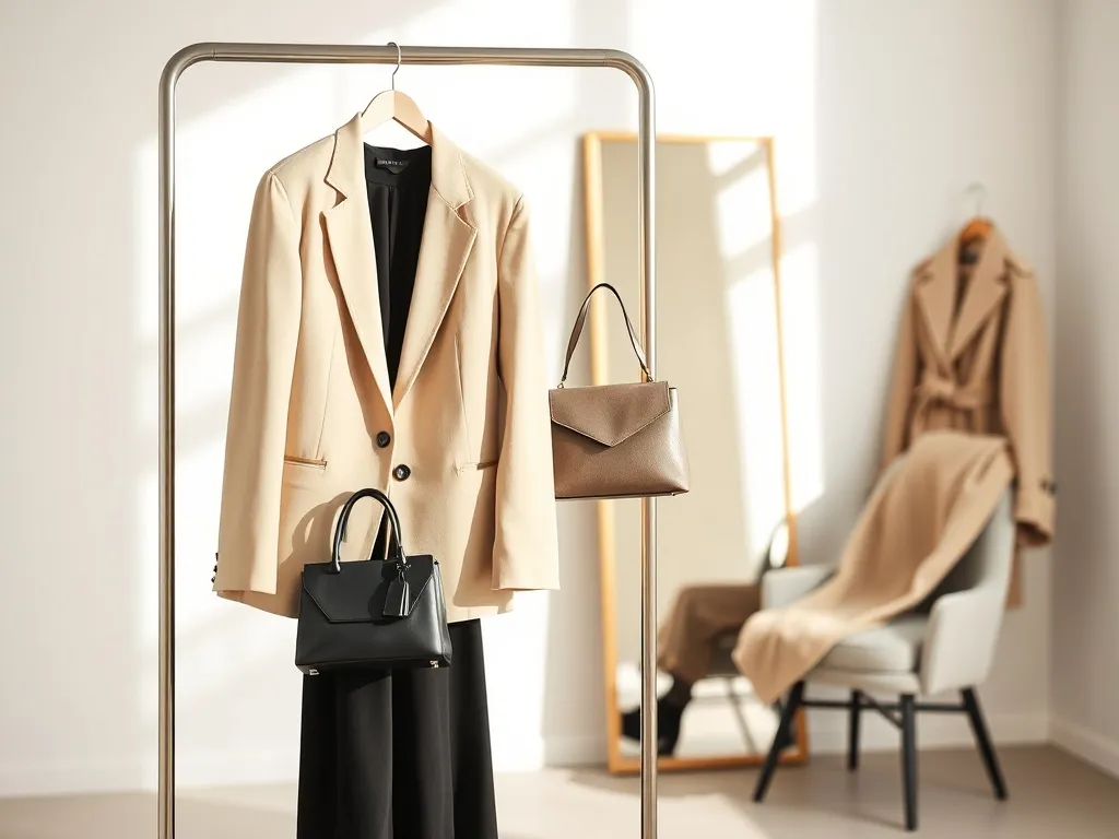 Minimalistyczny stojak z eleganckimi ubraniami high fashion w neutralnym wnętrzu, inspiracja do tworzenia modnych, ponadczasowych stylizacji.