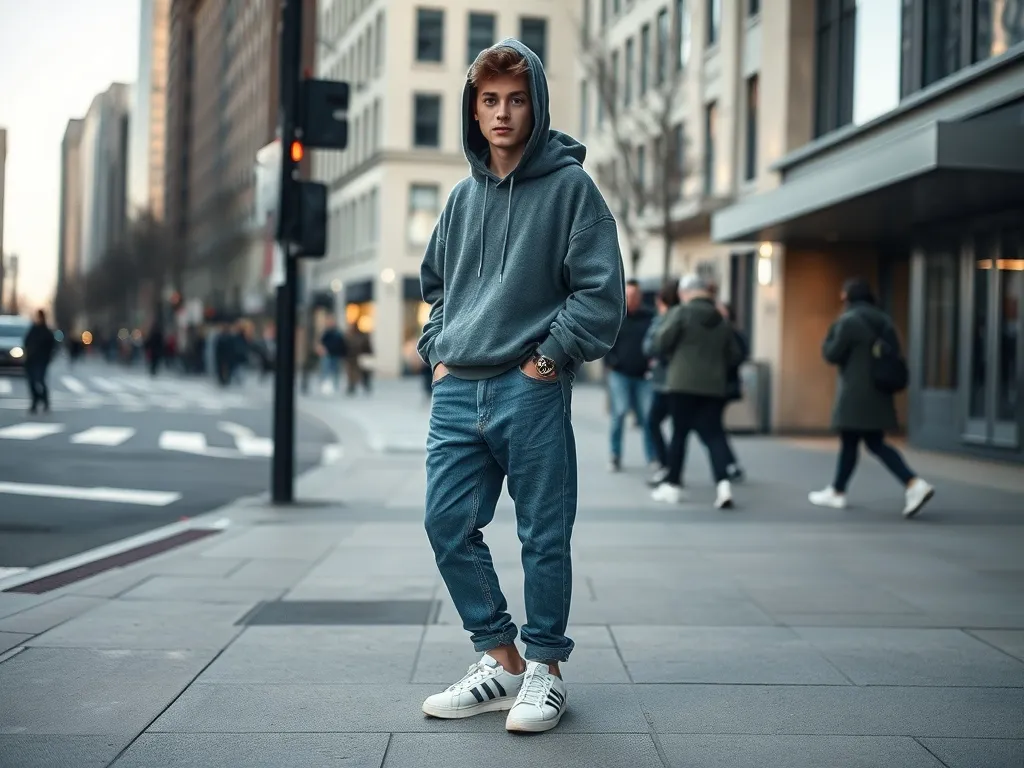 Stylowa osoba w warstwowej modzie ulicznej pozuje na miejskim chodniku, prezentując aktualne trendy streetwear.