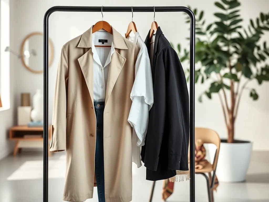 Minimalistyczny wieszak z klasycznymi ubraniami w neutralnych barwach, ilustrujący ponadczasowe trendy mody i elegancję.