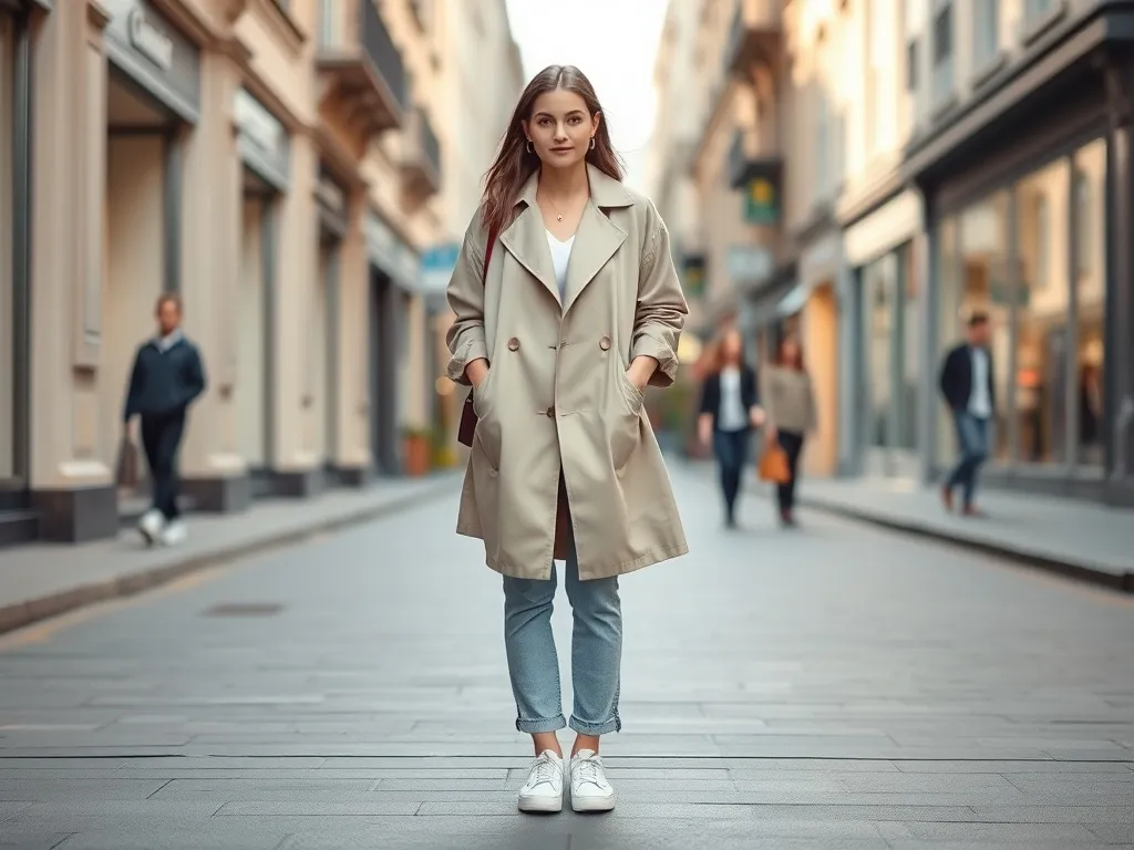 Stylowa młoda osoba w oversize’owym beżowym trenczu i jeansach na miejskiej ulicy, przykład aktualnych trendów modowych.