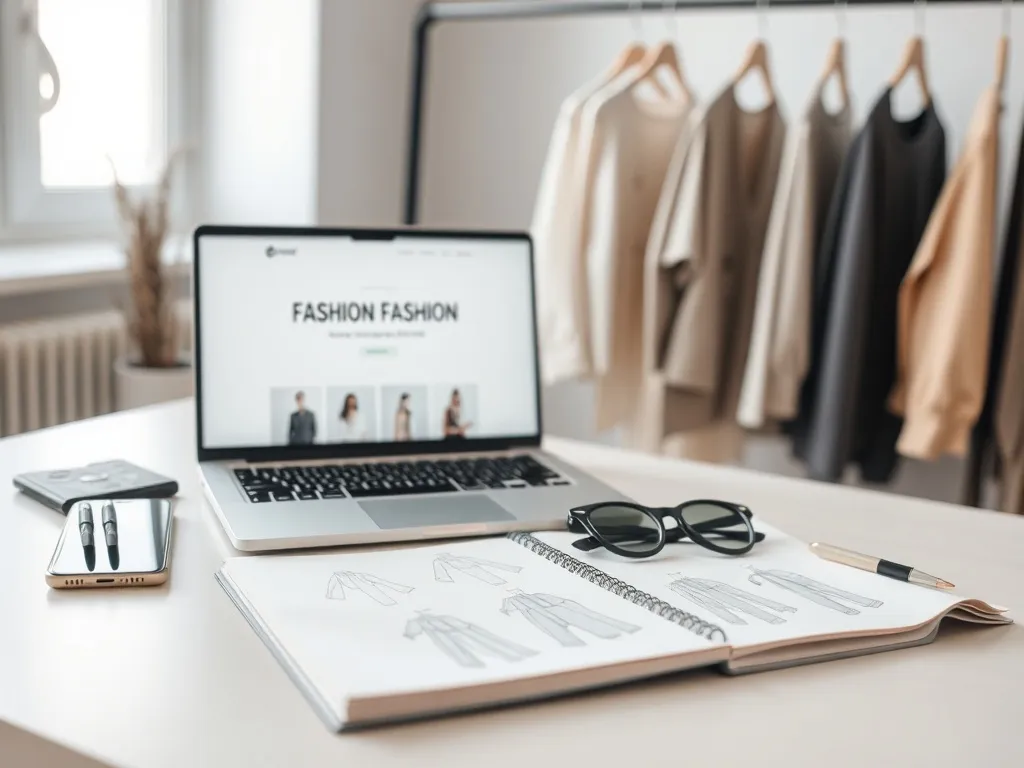Minimalistyczne biurko z laptopem, szkicownikiem i próbkami tkanin, symbolizujące poszukiwanie inspiracji i trendów modowych.