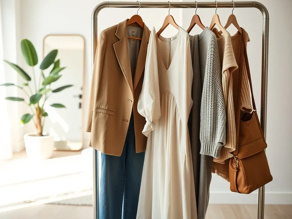 Minimalistyczny stojak z pastelowymi stylizacjami w nowoczesnej sypialni, prezentujący aktualne trendy modowe.