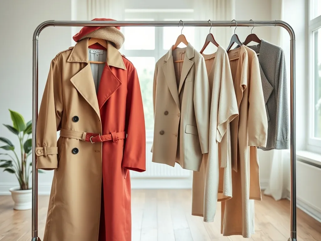 Minimalistyczny stojak z ubraniami z różnych dekad, ukazujący kontrast stylów i ewolucję trendów modowych.