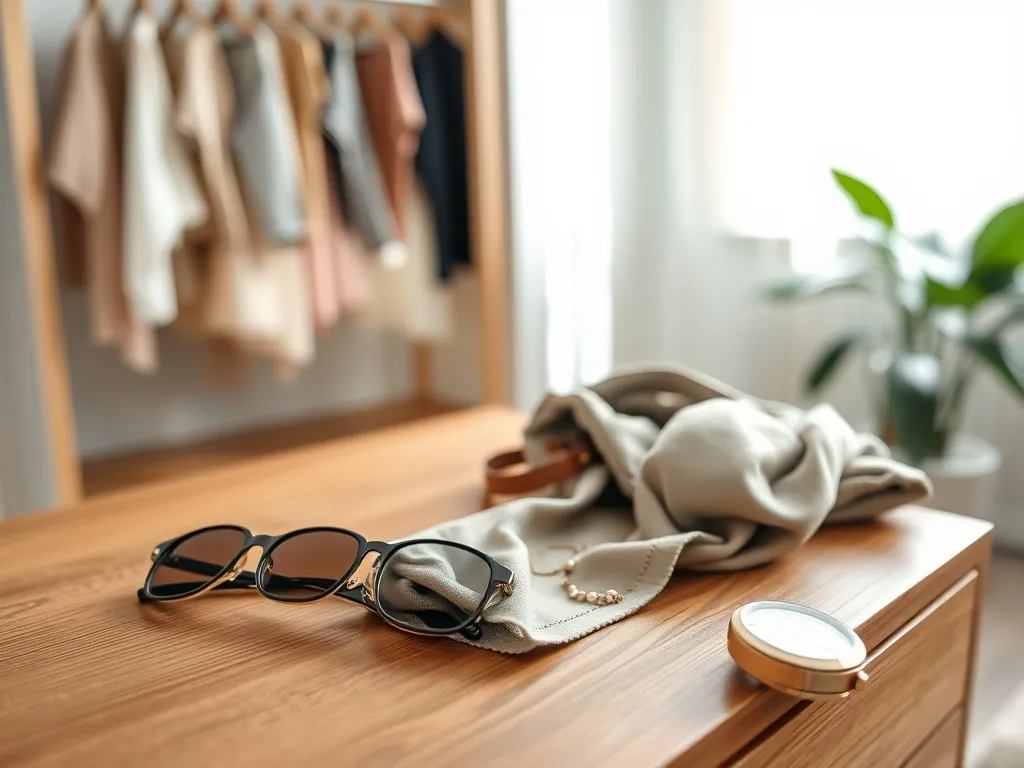 Eleganckie dodatki na komodzie: torebka, okulary, zegarek i biżuteria jako inspiracje najnowszych trendów w akcesoriach.