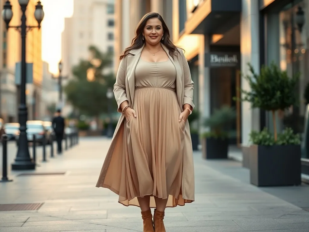 Pewna siebie kobieta plus size w zwiewnej sukience i płaszczu, prezentuje modną stylizację na tle miejskiej ulicy o złotej godzinie.