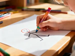 Dziecko siedzące przy biurku i rysujące kredkami sympatycznego lisa na kartce papieru w przytulnym pokoju.