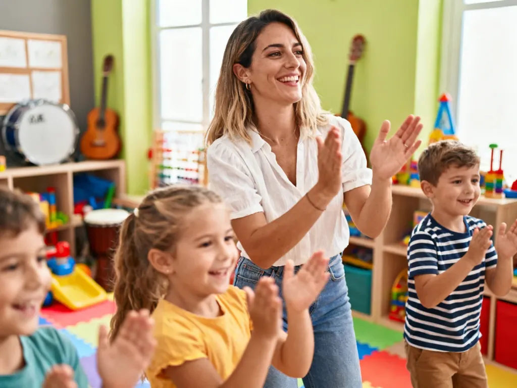 Radosna kobieta bawi się i tańczy z grupą dzieci w kolorowej sali zabaw, ilustrując muzyczne zajęcia z pokazywaniem.