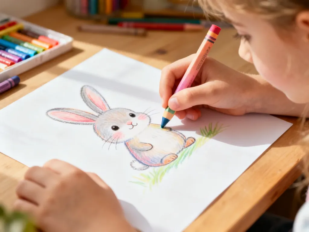 Dziecięce dłonie rysujące kolorową kredką uroczego królika na białej kartce papieru.