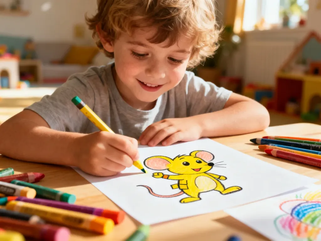 Dziecko z radością rysuje kredkami postać żółtego stworka na czystej kartce papieru w słonecznym pokoju.
