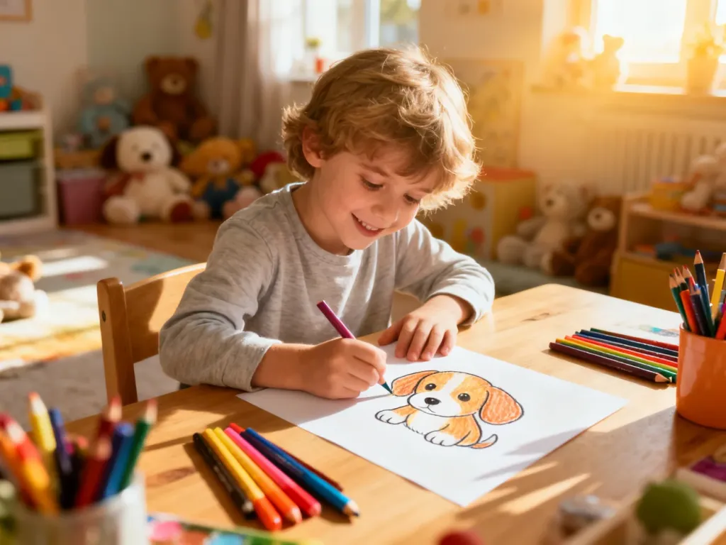 Dziecko skupione na rysowaniu pieska kolorowymi kredkami przy drewnianym biurku w przytulnym pokoju zabaw.