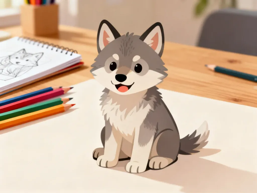 Przyjazna ilustracja małego wilczka siedzącego na biurku z przyborami do rysowania, zachęcająca dzieci do nauki rysunku.