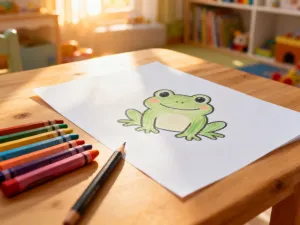 Dziecko z uśmiechem rysuje kolorową kredką wiewiórkę na białej kartce w przytulnym pokoju zabaw.